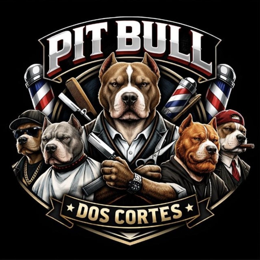 Logo Pit Bull dos Cortes: cinco pit bulls barbeiros com poste, navalha e tesoura